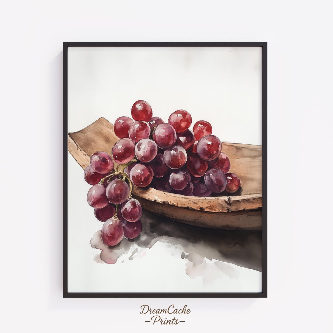Red Grapes In A Rustic Wooden Bowl Watercolor Still Life Art Poster
