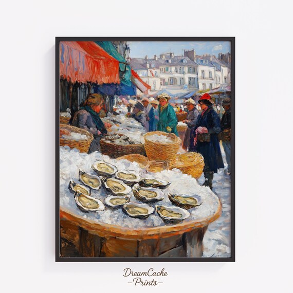 Oyster Market Stall on Ice Bustling Vendors Impressionist Poster