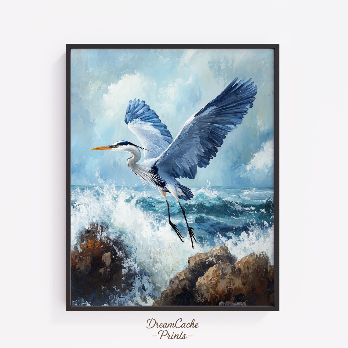 Blue Heron Painting Beachy Ocean Waves Bird Poster