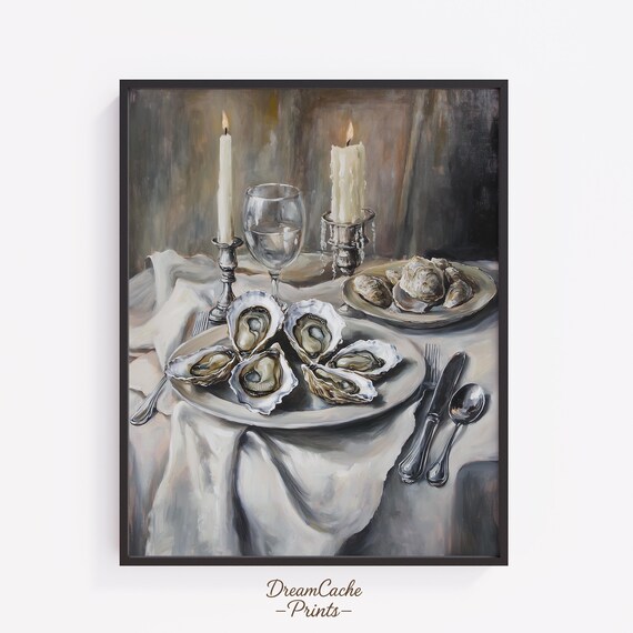 Oyster Dinner Still Life With Candles And Wine Glass Art Poster