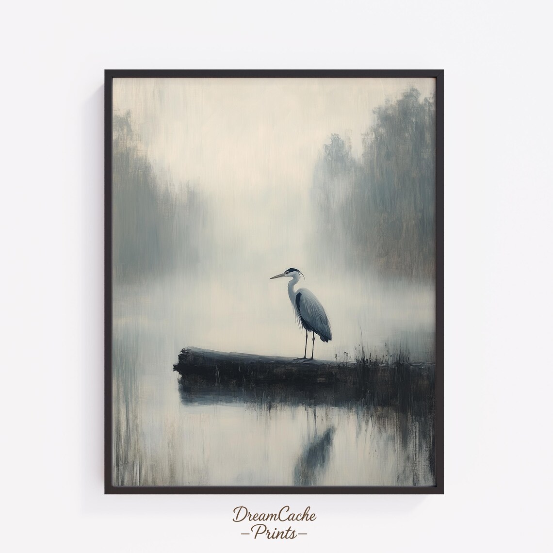 Blue Heron On Log In Foggy Gray Lake Minimalist Calm Bird Poster