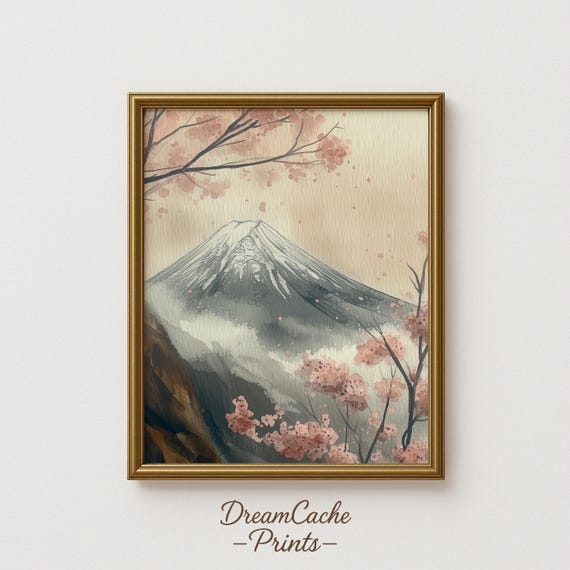 Mount Fuji Cherry Blossom Branches Soft Watercolor Japanese Art Poster