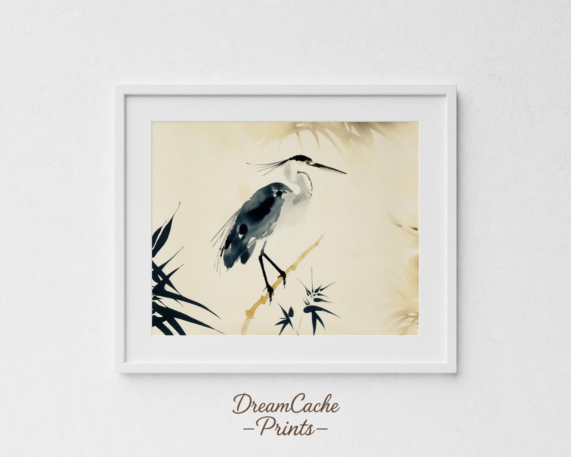 Blue Heron Ink Wash Painting Perched On A Bamboo Branch Art Poster
