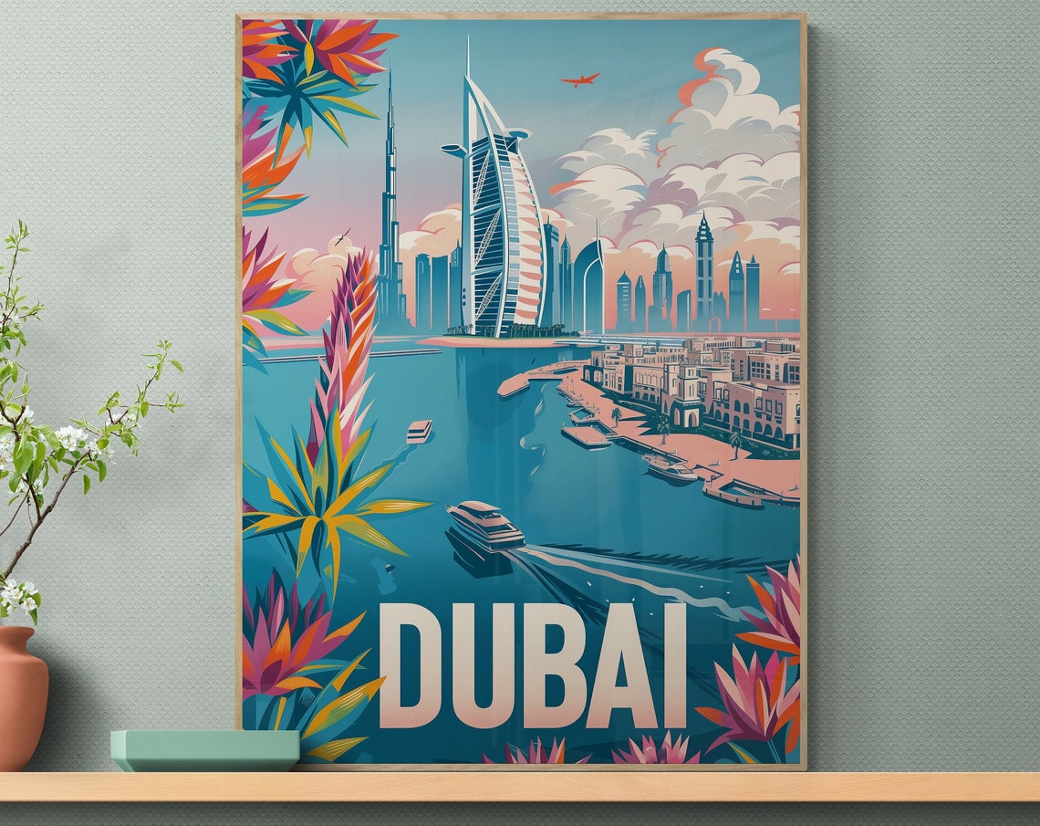 Dubai Marina Burj Khalifa Daytime Harbor Skyline Travel Poster