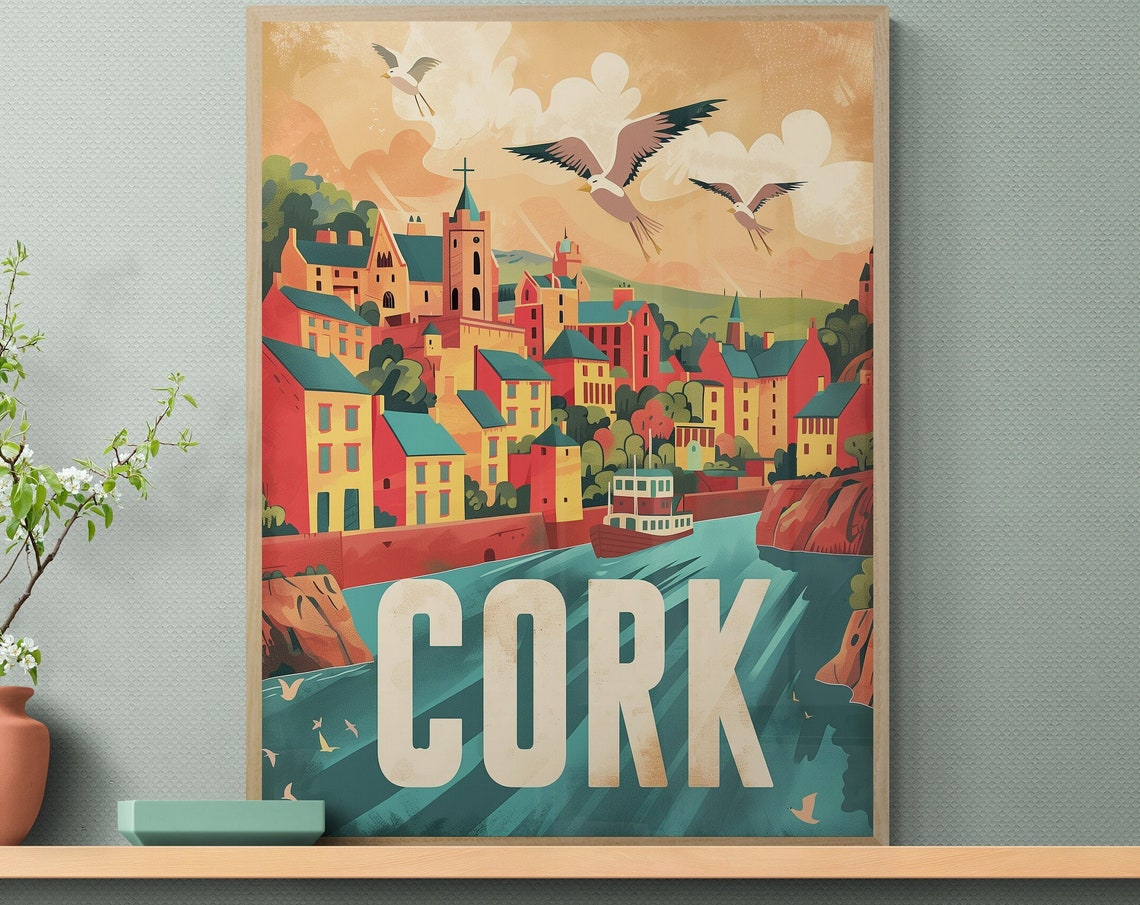 Cork Ireland Harbor Town Seagulls Sunset Retro Travel Poster