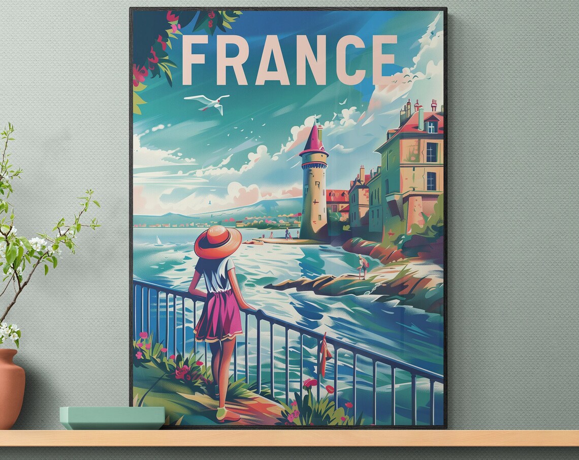 France Coastal Lighthouse Cove Girl Retro Travel Wall Poster