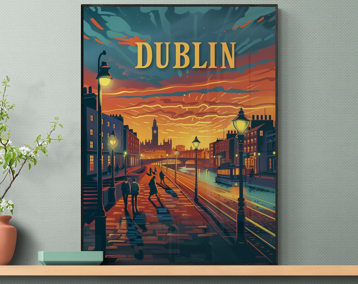 Dublin Lamplit Riverside Street Sunset Ireland Travel Poster