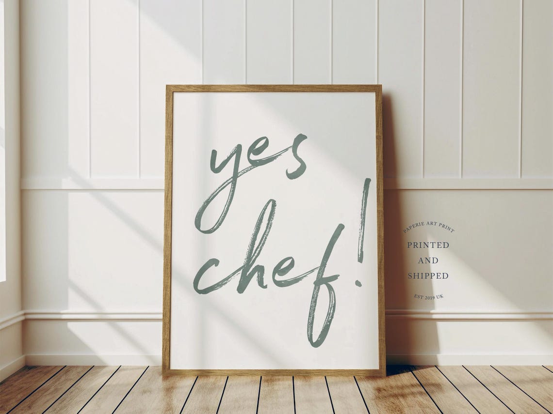 Yes Chef Green Script Typography Kitchen Cooking Wall Poster