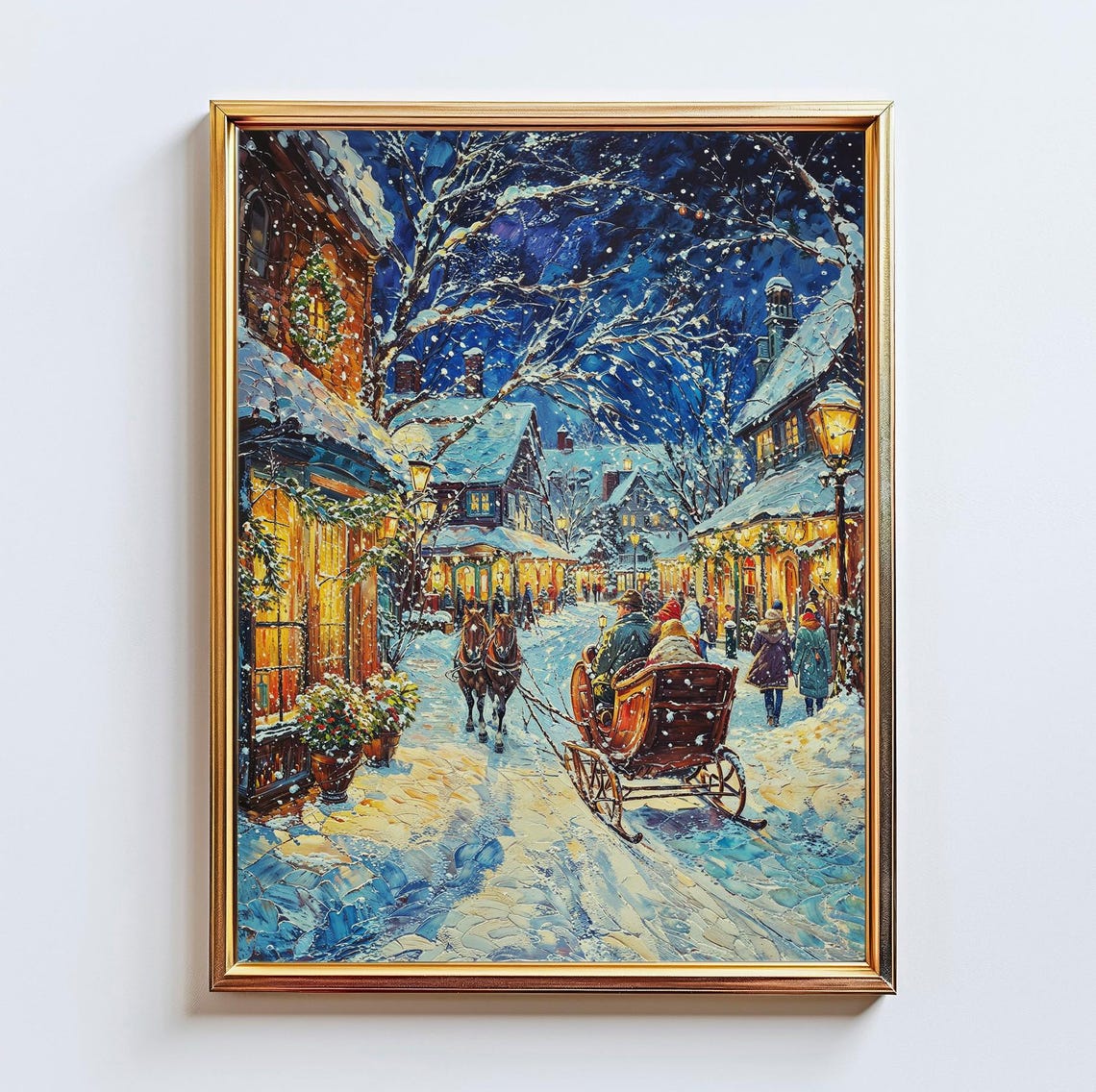 Vintage Winter Carriage Ride Snowy European Village Night Poster