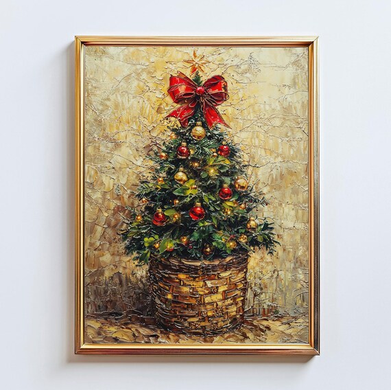 Christmas Tree in Woven Basket Red Gold Ornaments Impasto Art Poster