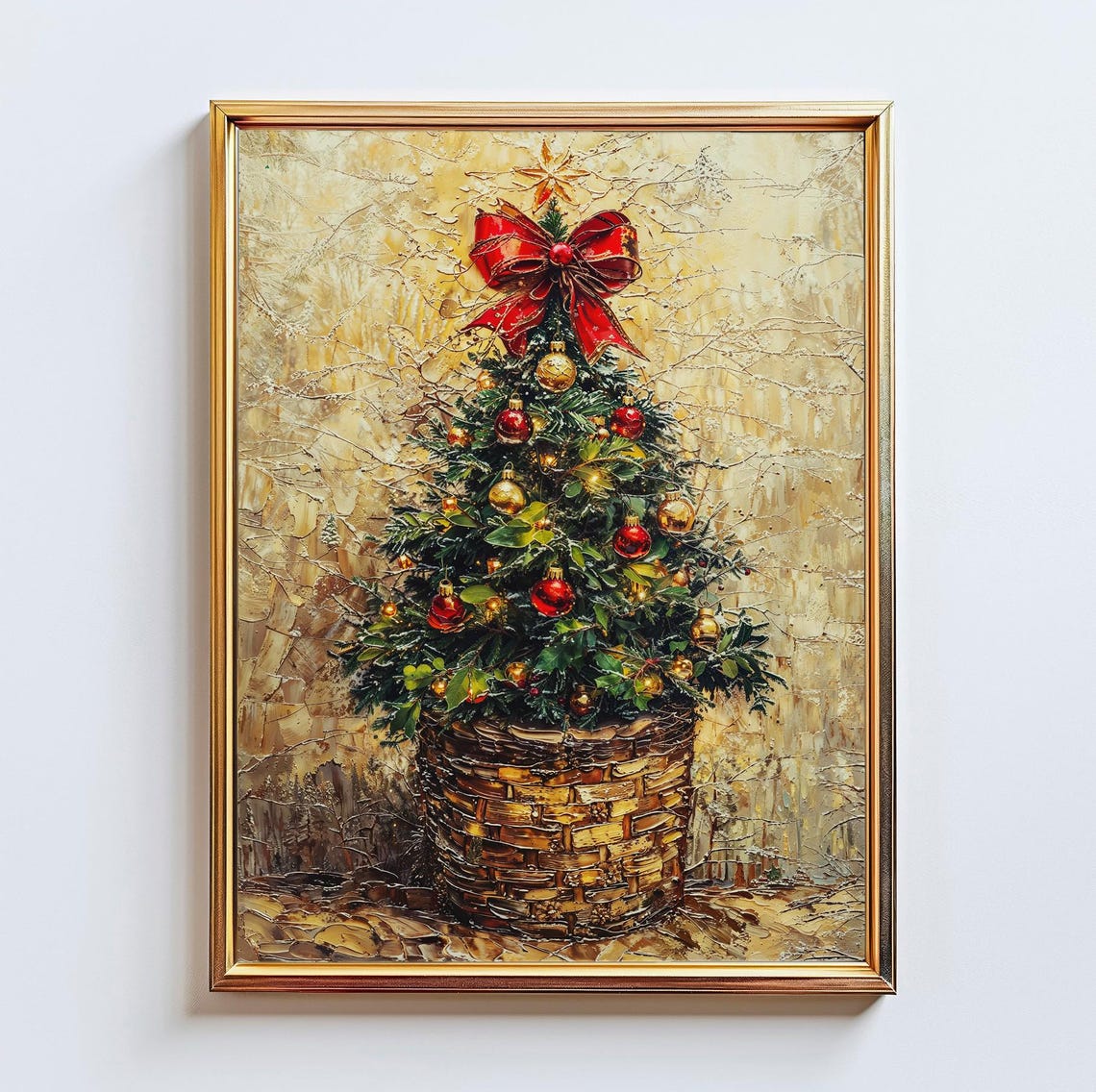 Christmas Tree in Woven Basket Red Gold Ornaments Impasto Art Poster