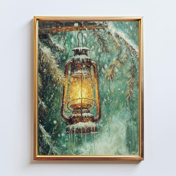 Vintage Winter Lantern Art Snowy Forest Light Rustic Holiday Cabin Decor Instant
