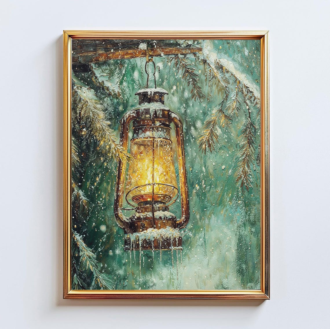 Glowing Vintage Lantern Snowy Pine Branches Winter Night Poster