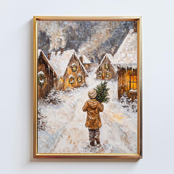 Vintage Christmas Village Boy Carrying Tree Snowy Lane Art Poster