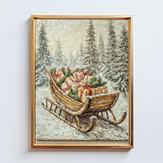 Wooden Sleigh Christmas Gifts Snowy Scandinavian Forest Vintage Poster