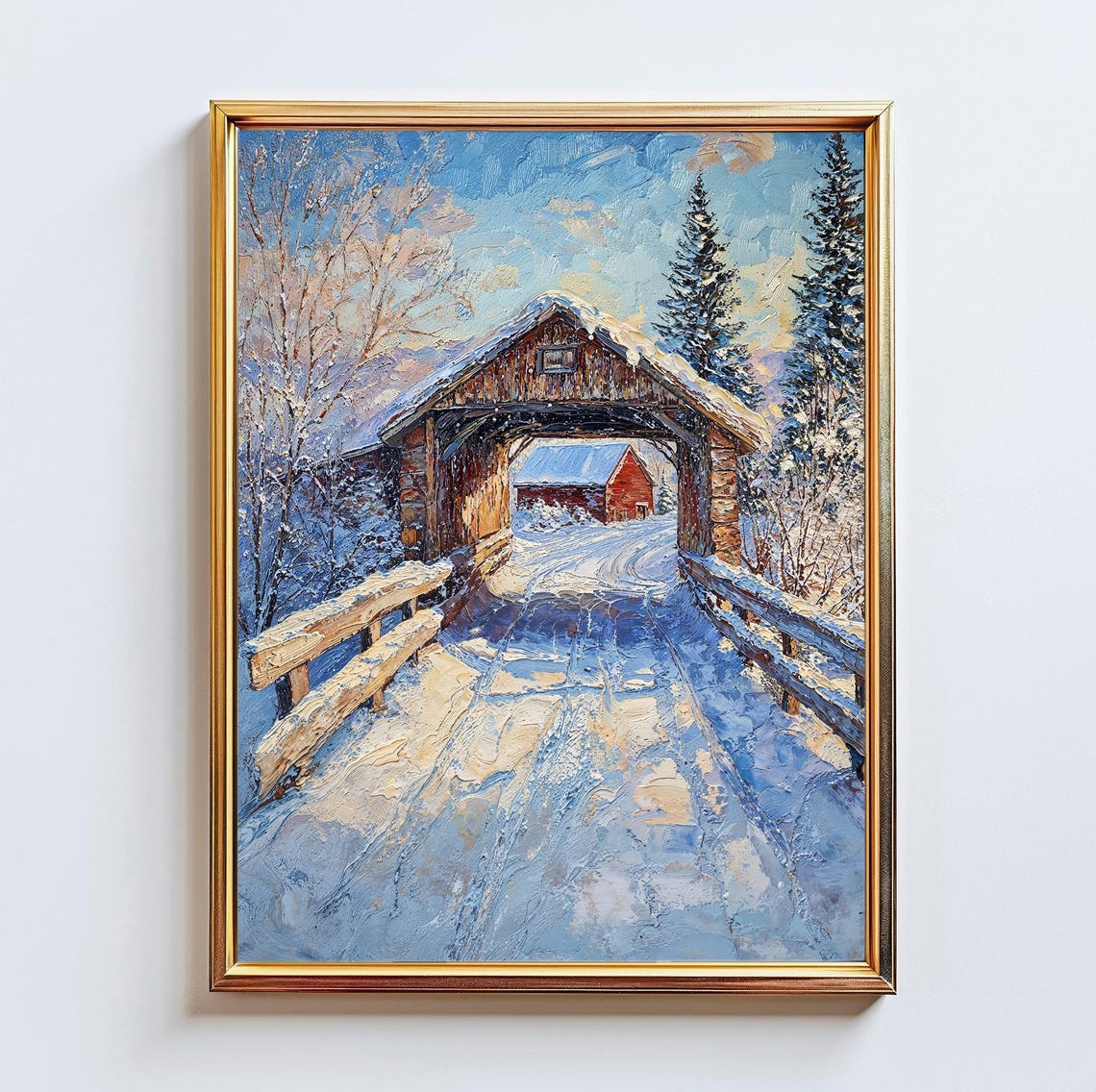 Snowy Covered Bridge Red Barn Winter Landscape Oil Painting Poster