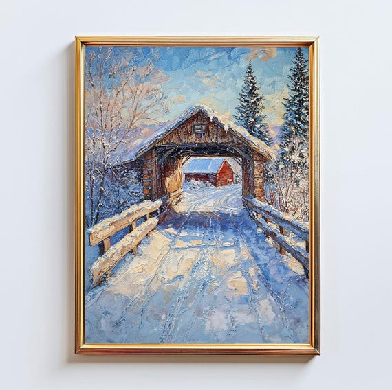 Snowy Covered Bridge Red Barn Winter Landscape Art