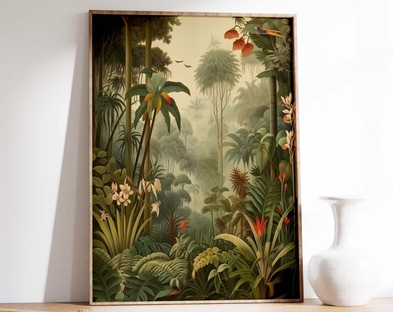 Vintage Tropical Floral Jungle Art Print, Rousseau-Inspired