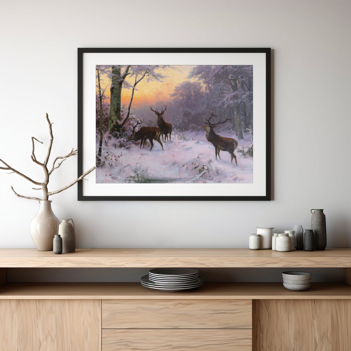 Three Stags in Snowy Forest at Sunset Vintage Winter Wildlife Poster - Image 3