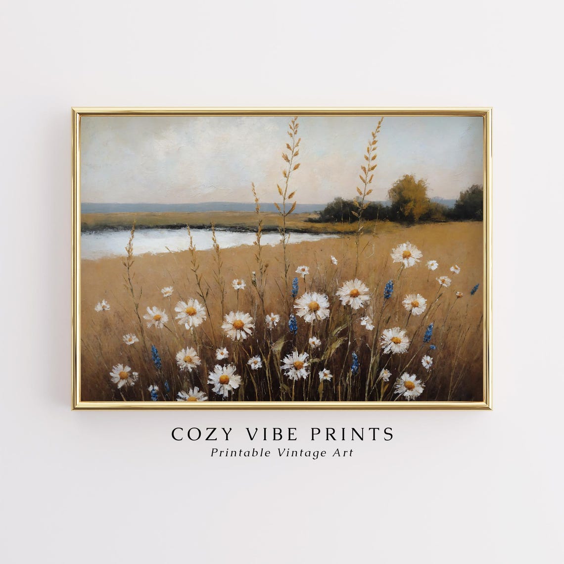 White Daisies Wildflower Meadow Lake Vintage Botanical Field Poster - Image 2
