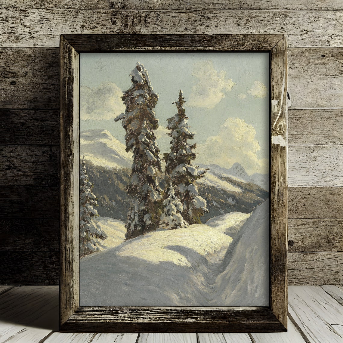 Snow Covered Spruce Trees Winter Mountain Vintage Oil Painting Poster - Image 3