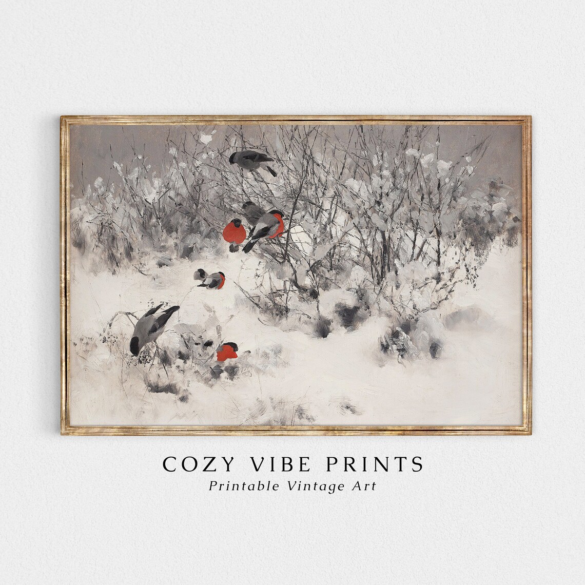 Bullfinches in Snowy Branches Vintage Winter Bird Painting Wall Art