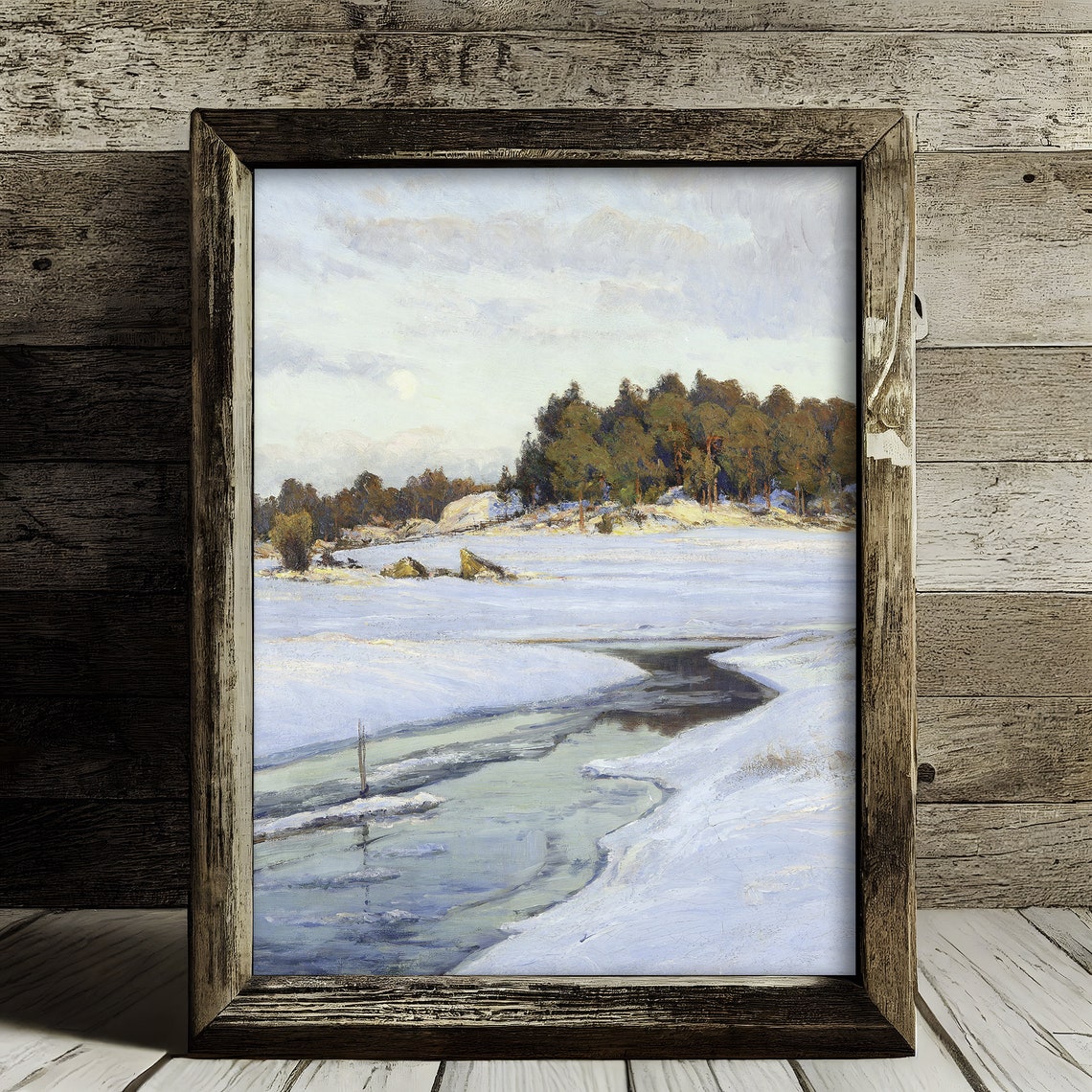 Vintage Frozen Winter Stream With Open Water Moonlit Snow Scene Poster - Image 3