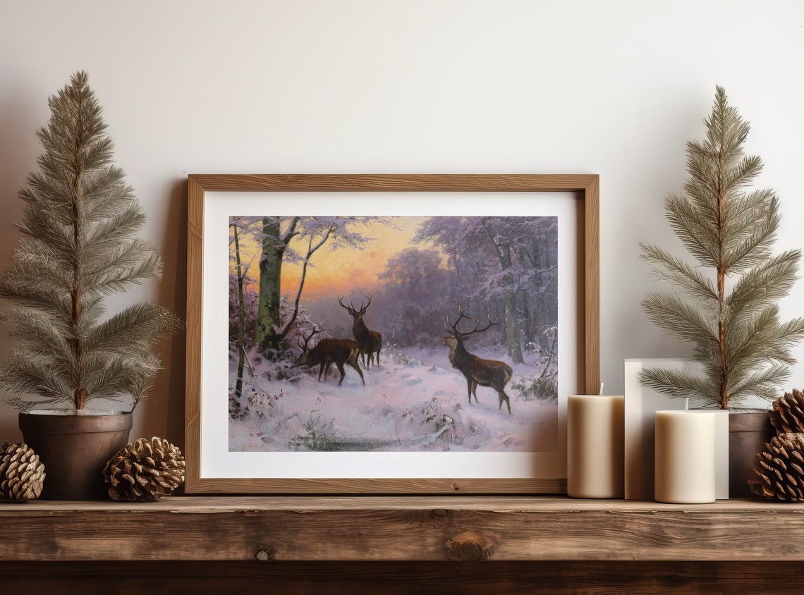 Three Stags in Snowy Forest at Sunset Vintage Winter Wildlife Poster - Image 4