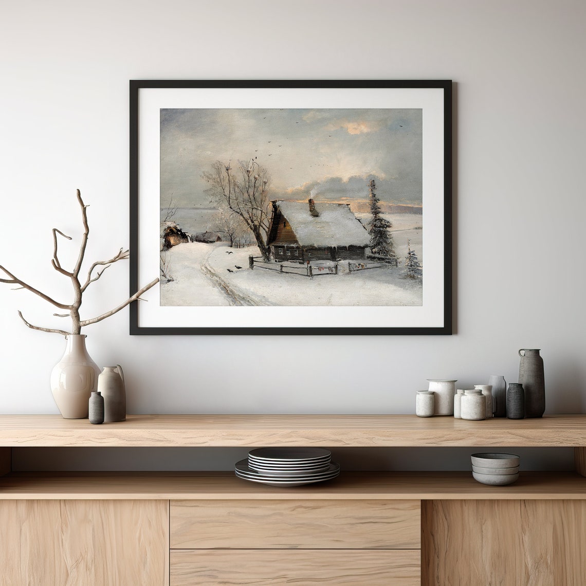 Snowy Winter Cottage at Dusk Vintage Rustic Farmhouse Landscape Poster - Image 3