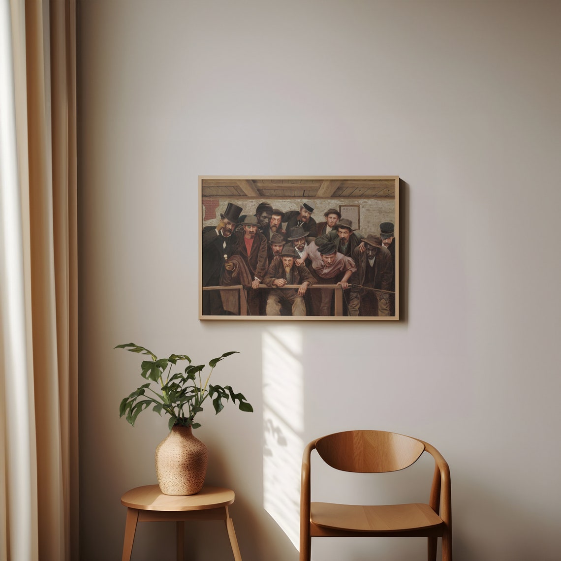 Vintage Spectators Oil Painting Men Leaning On Wooden Rail Poster - Image 3