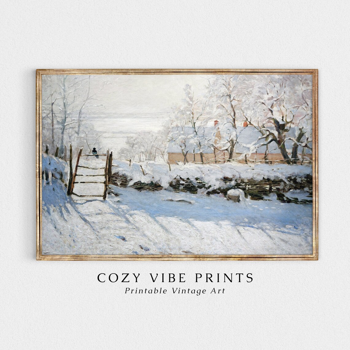 Vintage Wall Art Winter Landscape Painting Snowy Country Village Scene Print Cozy Farmhouse Christmas Decor