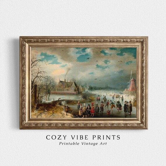 Dutch Winter Skaters on Frozen Canal Old Masters Scene Painting Poster