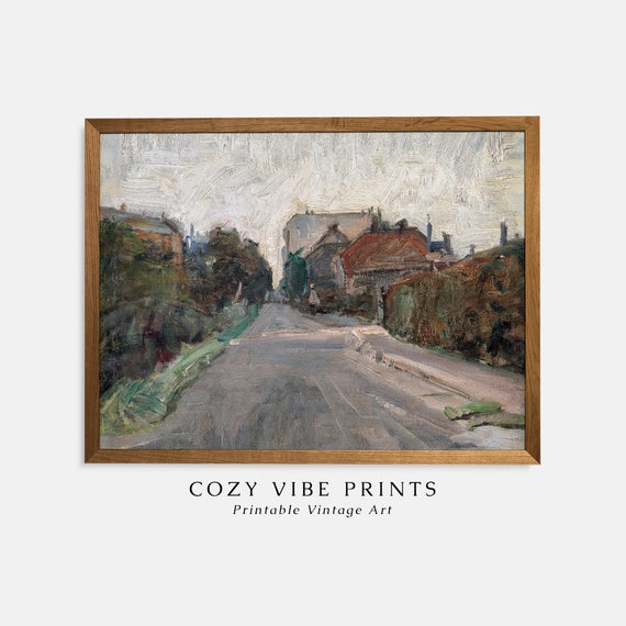 Rustic Landscape Painting Village Street Scene Wall Art Antique Country Road Print Vintage Farmhouse Decor