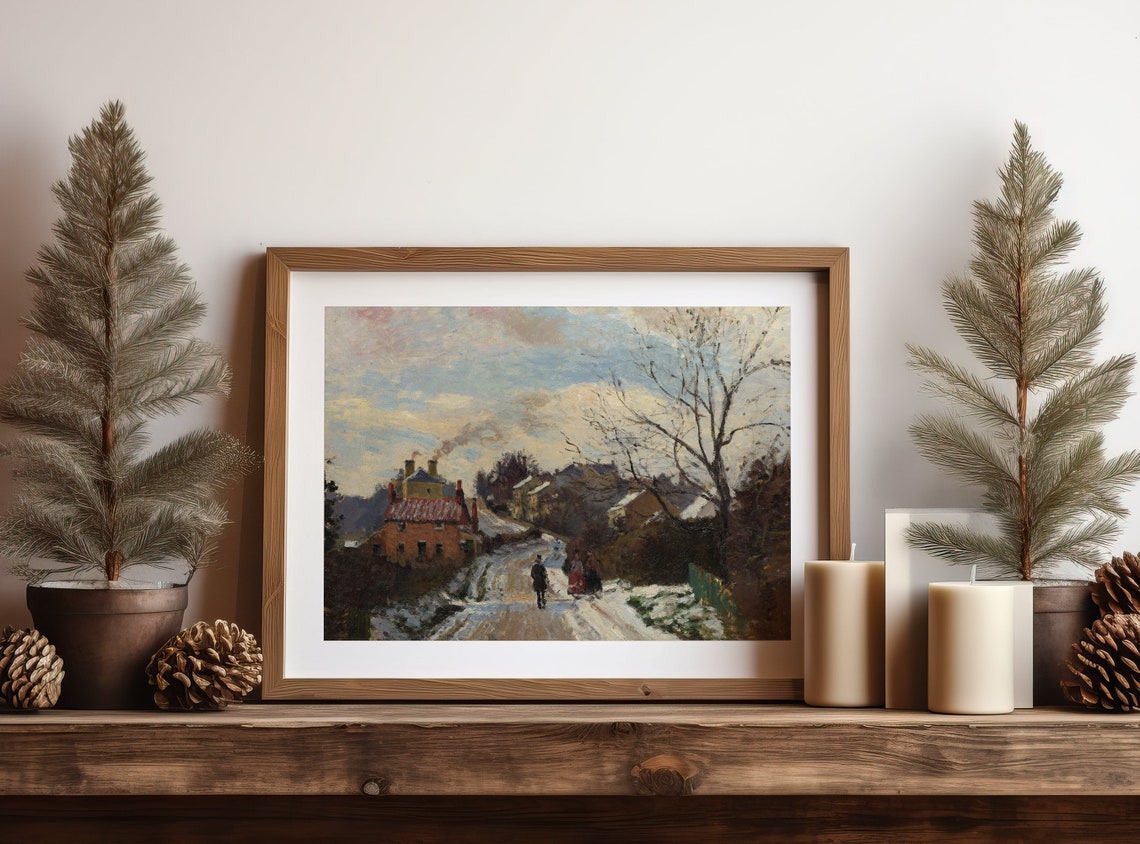 Vintage Winter Village Lane With Cottages Figures Walking Snow Poster - Image 4