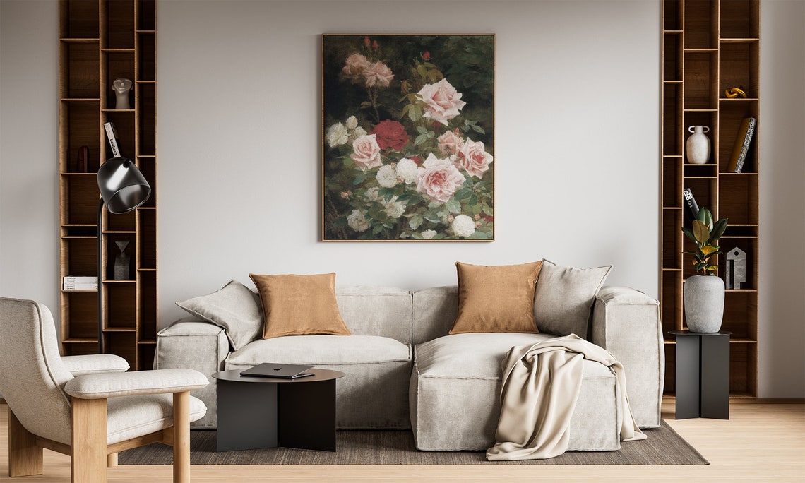 Dark Floral Still Life Oil Painting Vintage Wall Art Moody Farmhouse Flower Print Cozy Antique Home Decor - Image 2