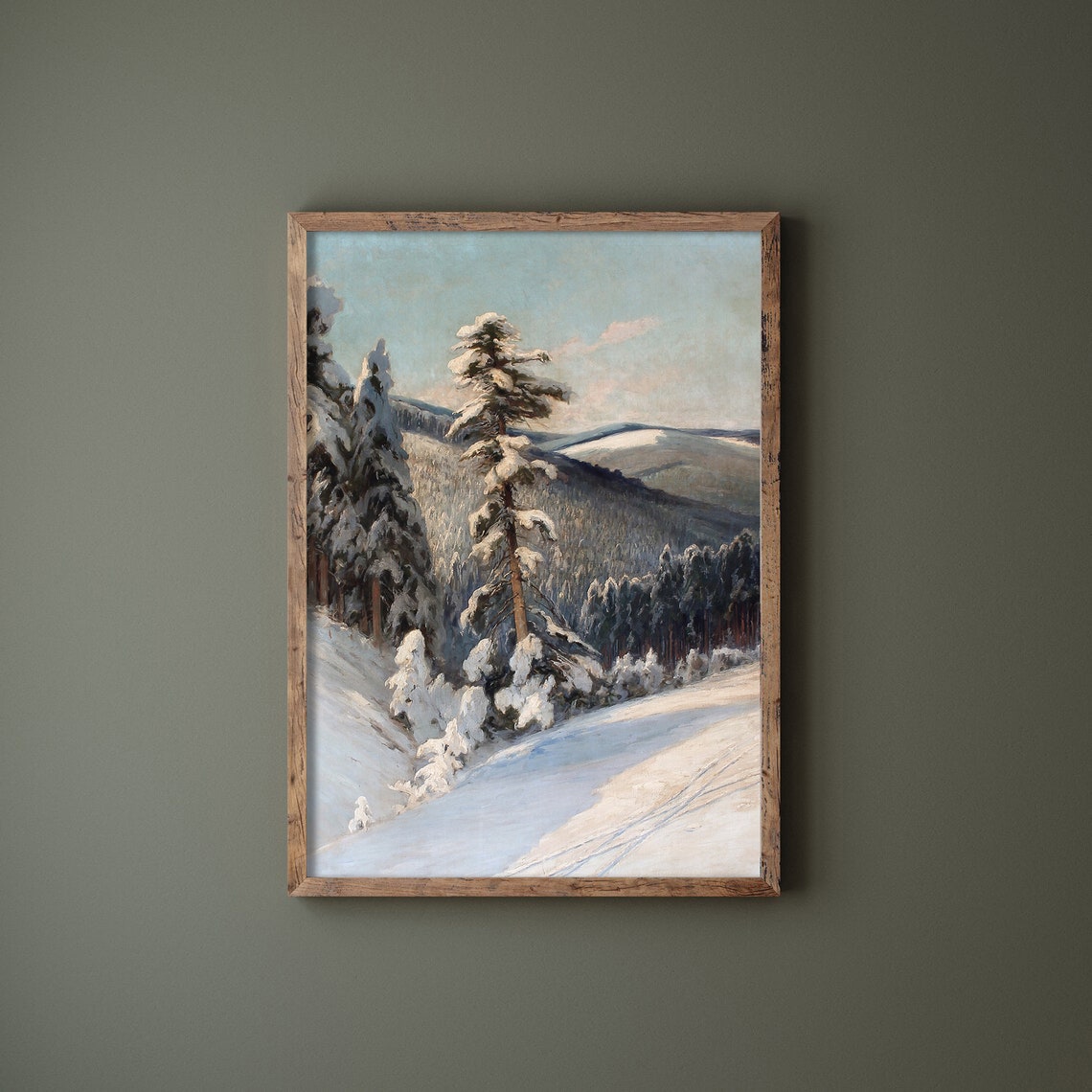 Vintage Snowy Winter Mountain Forest Spruce Trees Oil Painting Poster - Image 3