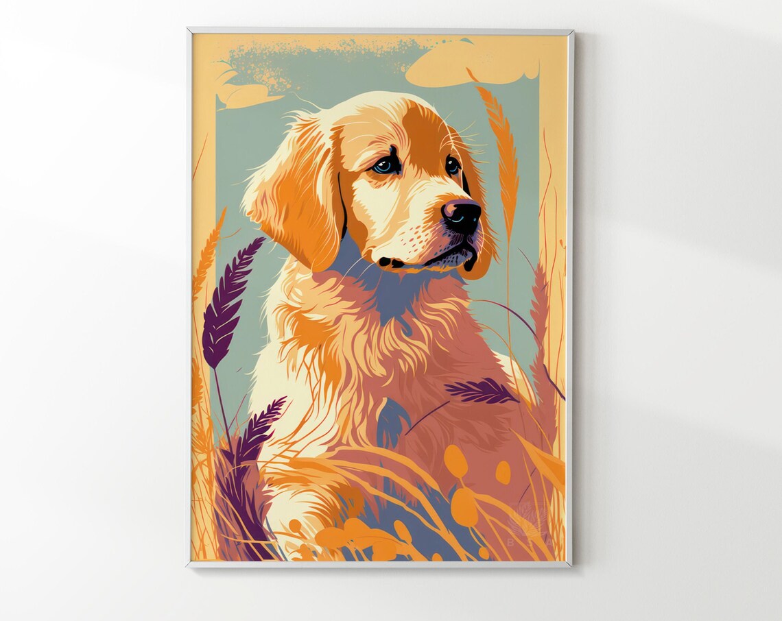 Golden Retriever Puppy Poster Wheat Field Warm Autumn Dog Art Decor