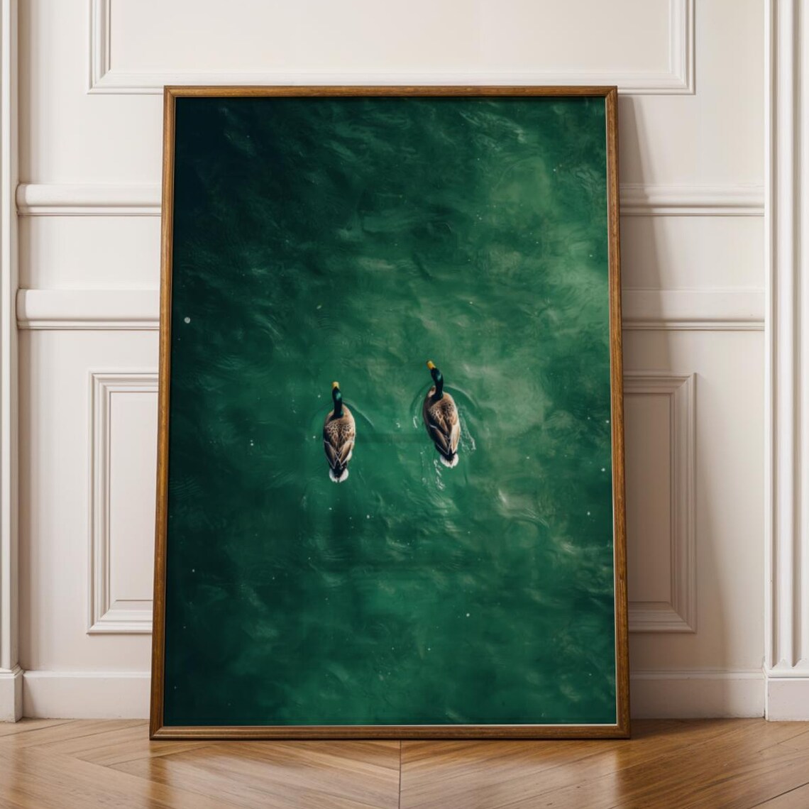 Swimming Ducks Abstract Painting Green Water Vintage Art