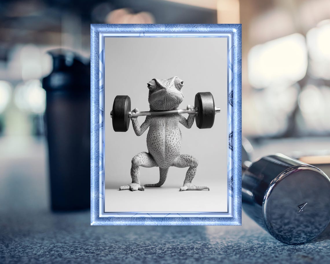 Funny Fitness Poster Chameleon With Barbell Humorous Animal Art Gift For Fitness Enthusiasts Animal Illustration