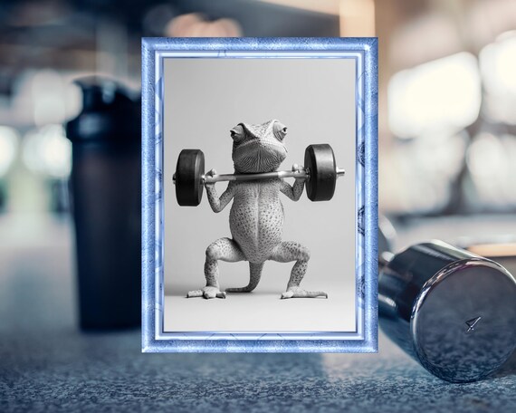 Funny Fitness Poster Chameleon With Barbell Humorous Animal Art Gift For Fitness Enthusiasts Animal Illustration