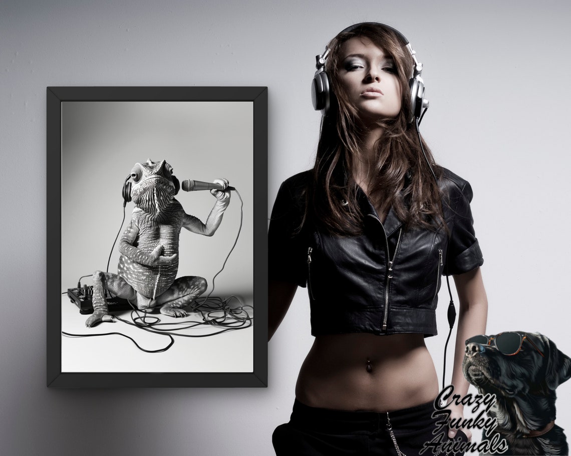 Chameleon DJ with Headphones Microphone and Mixer Funny Music Poster - Image 3