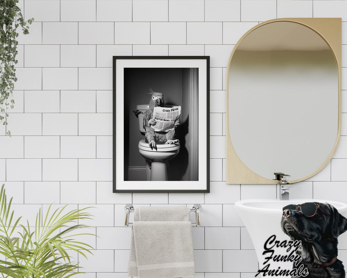 Grey Parrot Reading a Newspaper on the Toilet Funny Bathroom Poster - Image 2