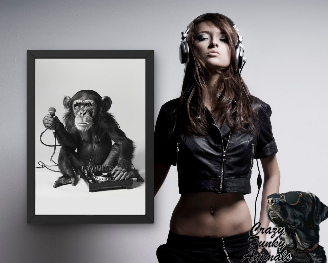Monkey DJ With a Microphone at the Turntable Funny Music Poster - Image 3