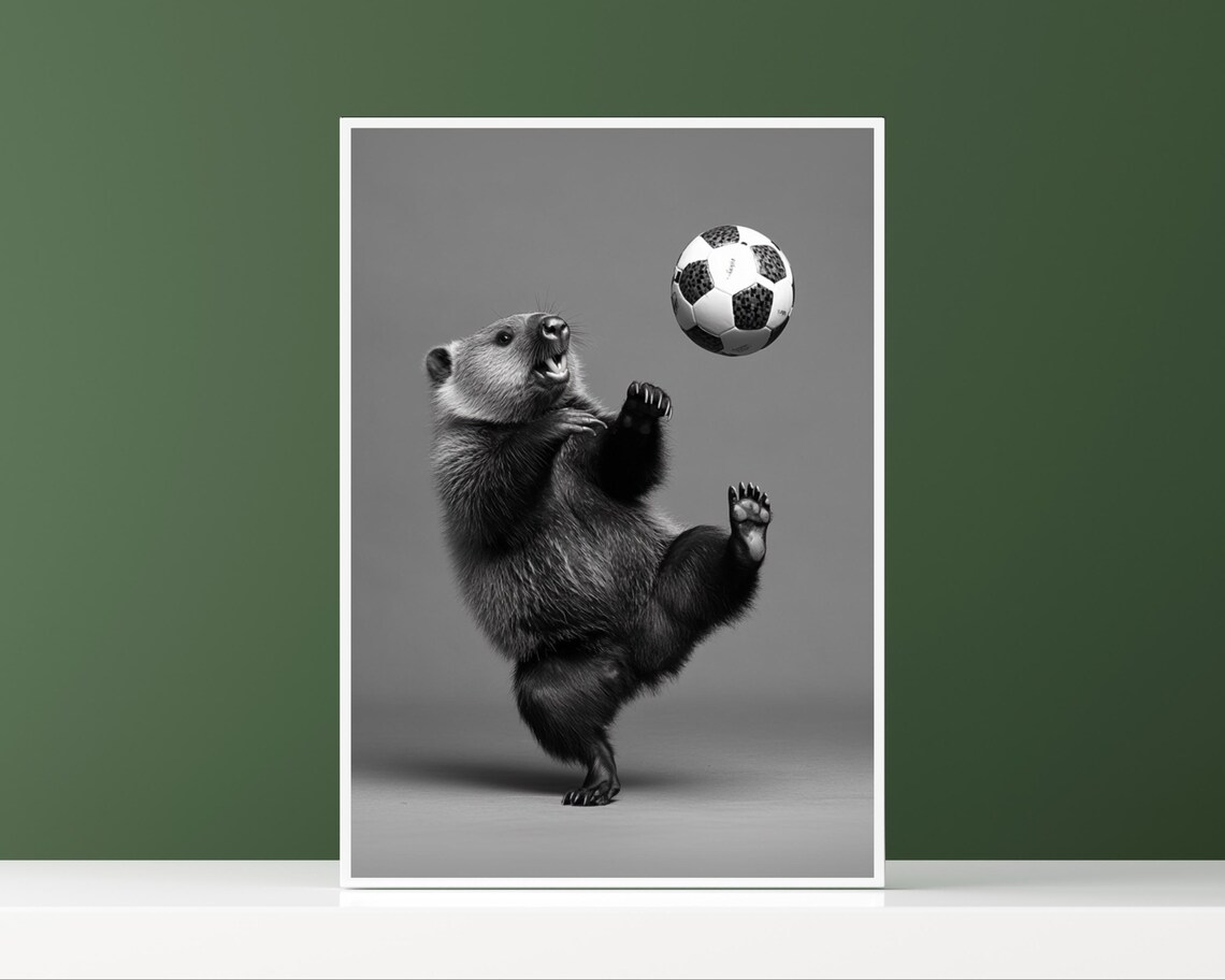 Beaver Kicking a Soccer Ball Mid-Air Funny Animal Sports Poster - Image 3