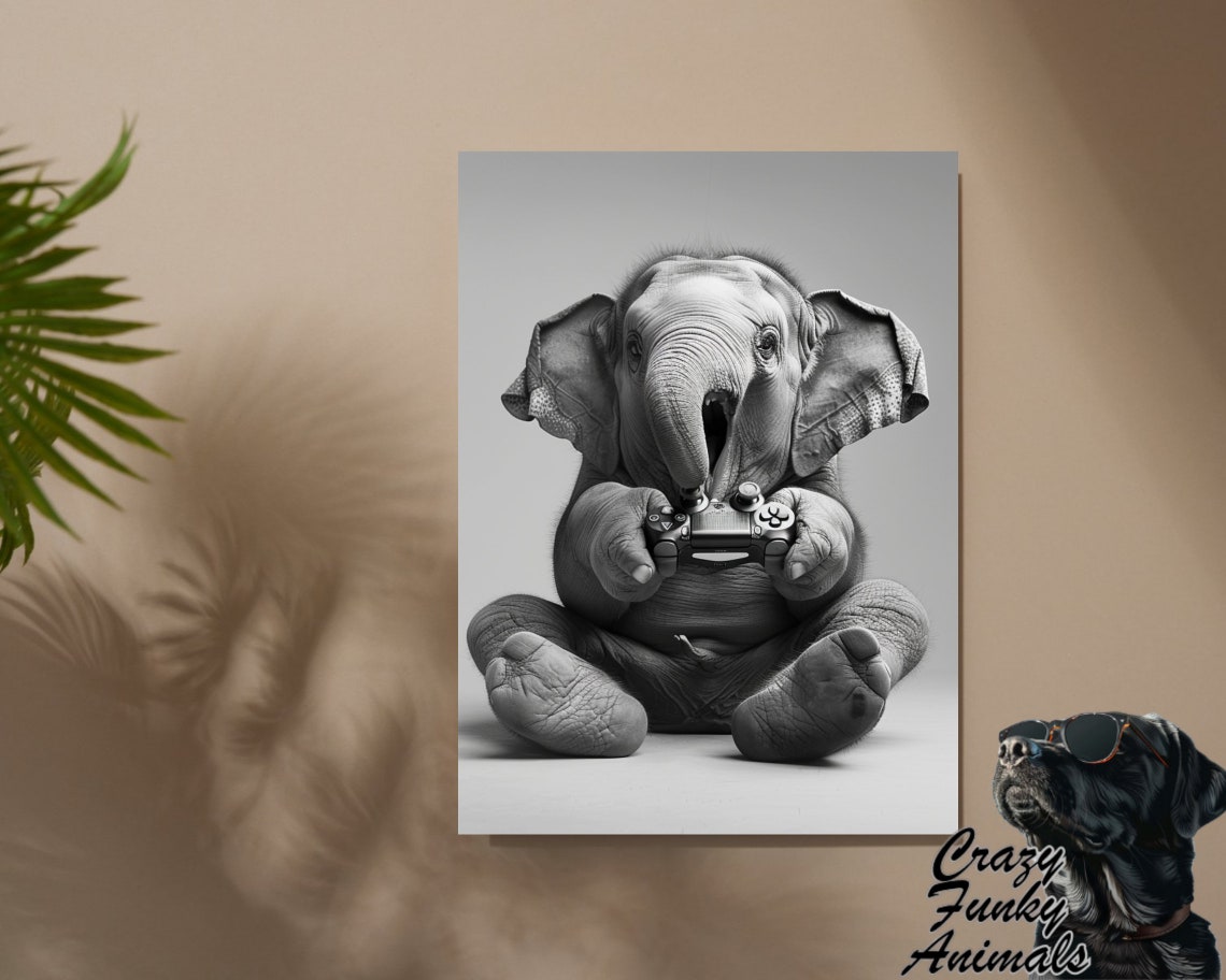 Baby Elephant Gamer Holding a Video Game Controller Funny Poster - Image 3