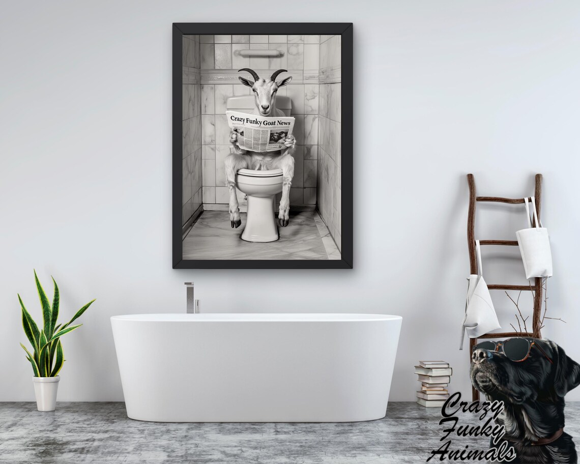 Goat Reading a Newspaper on the Toilet Funny Bathroom Poster - Image 3