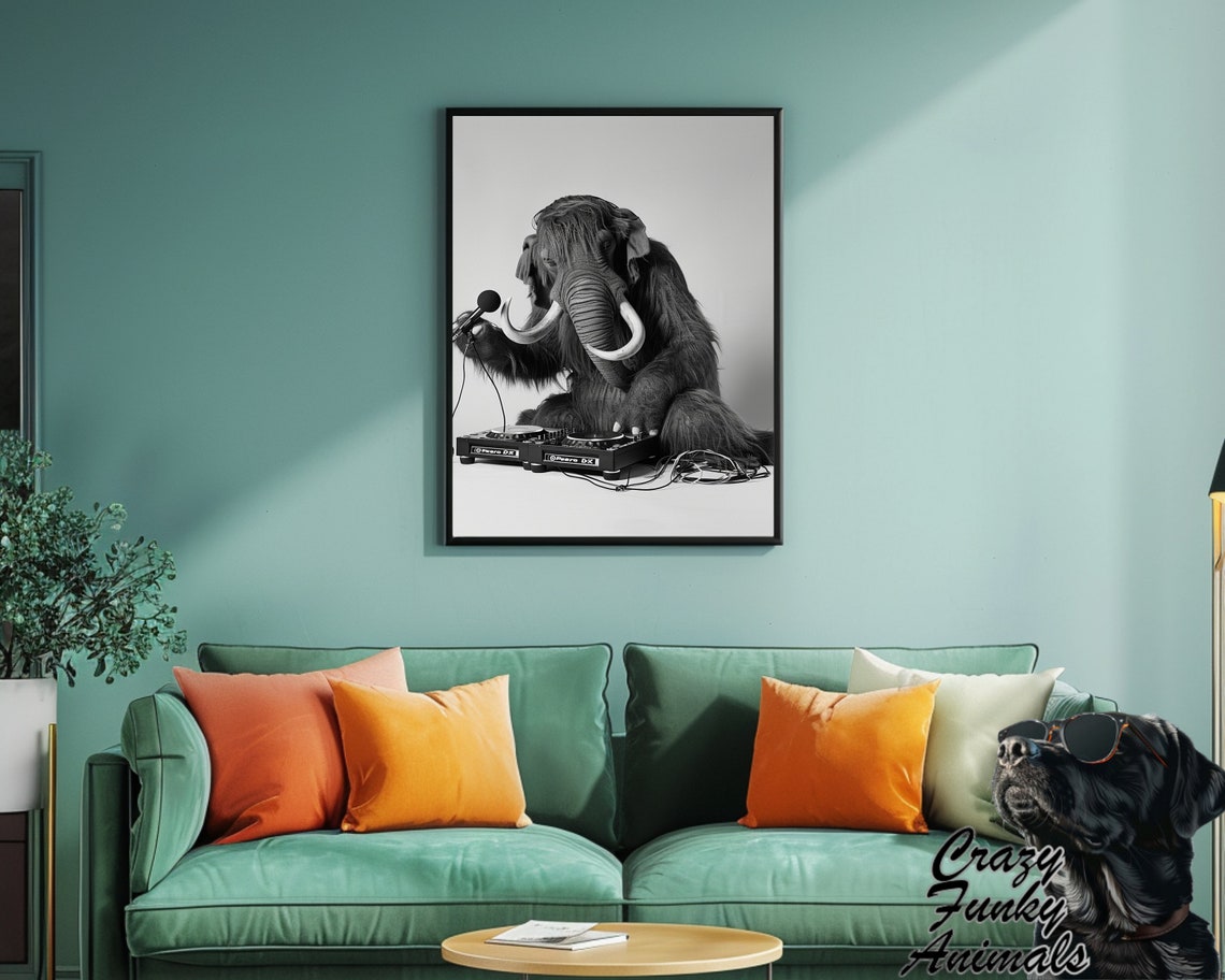 Woolly Mammoth DJ with Turntables and a Microphone Funny Music Poster - Image 2