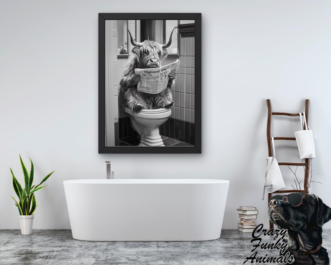 Highland Cow Reading a Newspaper on the Toilet Funny Bathroom Poster - Image 3