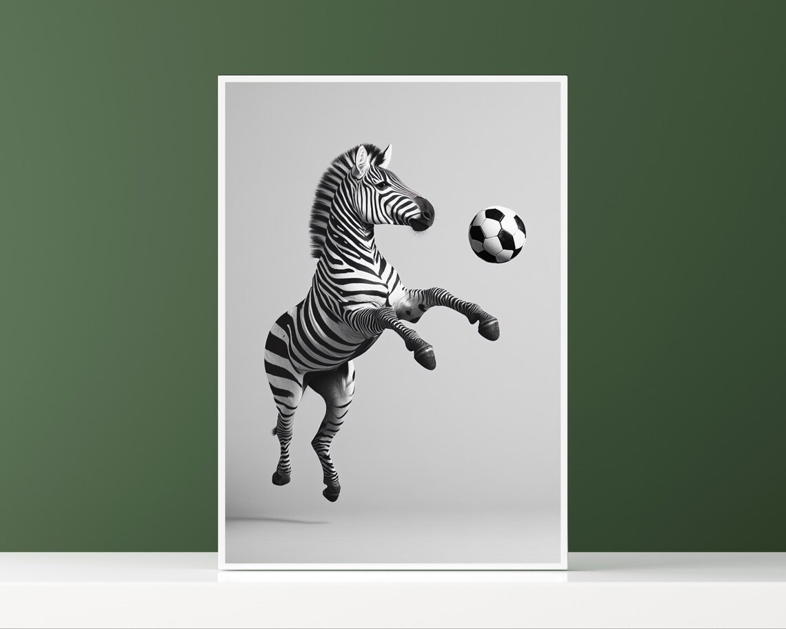 Zebra Rearing Up with a Soccer Ball Funny Sports Black and White Poster - Image 3
