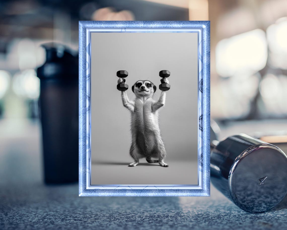 Funny Fitness Poster Meerkat With Dumbbells Humorous Animal Art Gift For Fitness Enthusiasts Animal Illustration
